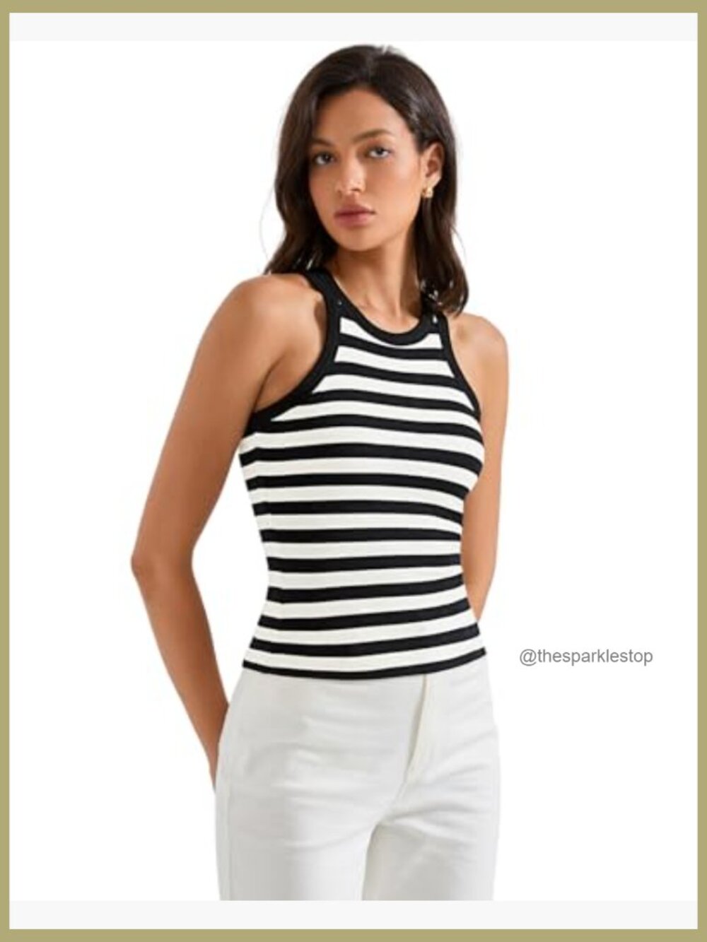 Padded Cotton Ribbed Tank Top High Neck Racerback Basic Top - Picture 5 of 7